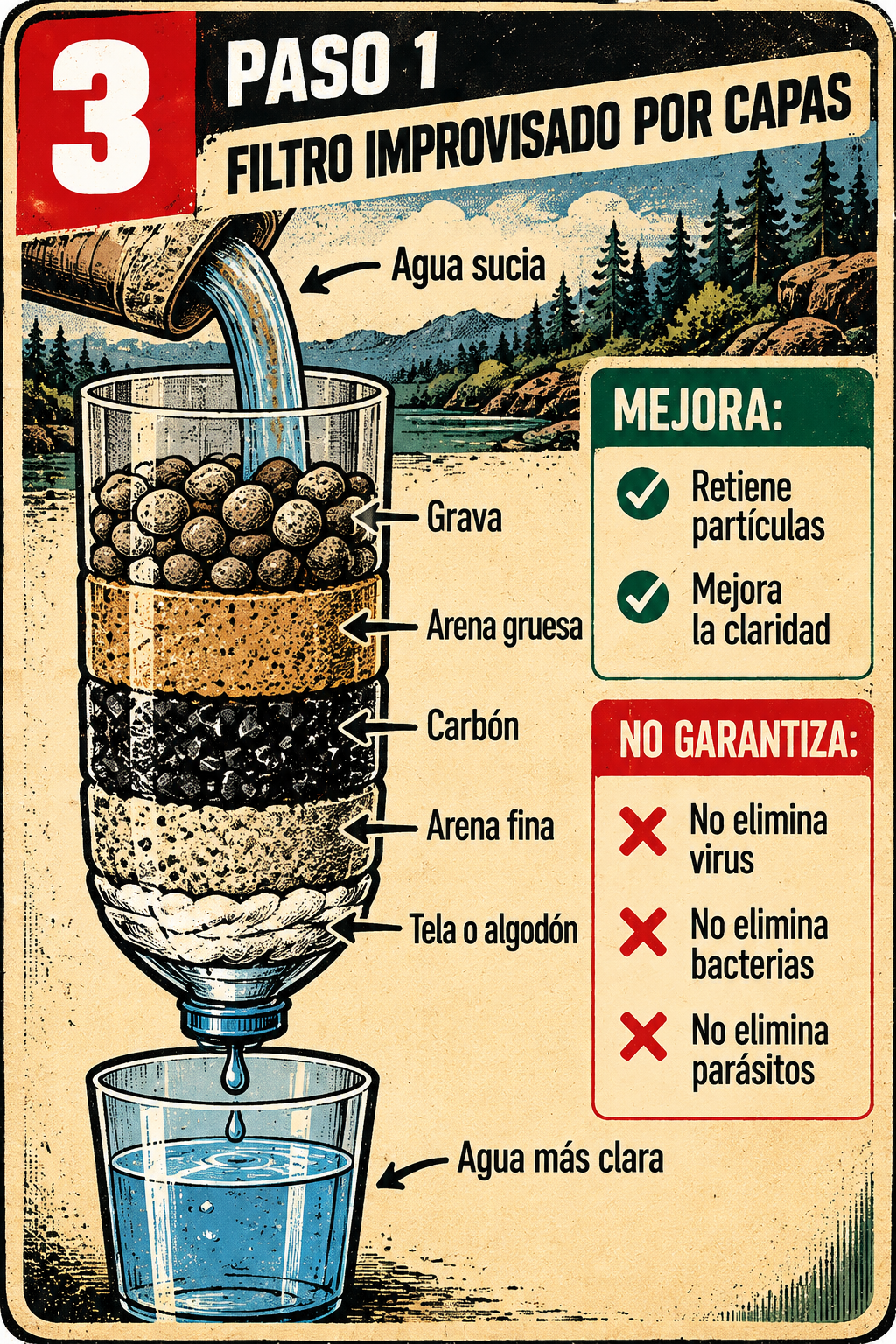 Cómo purificar agua en una emergencia: filtrar, hervir, clorar y almacenar