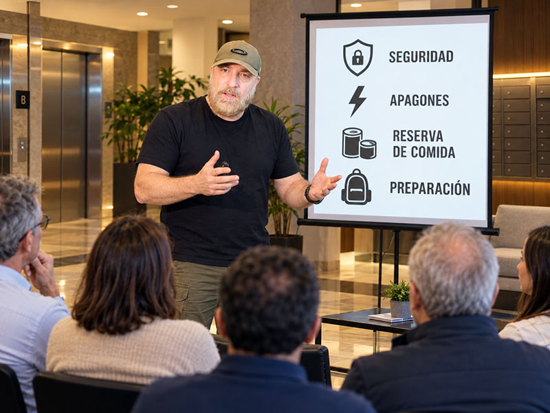 Charla de preparación para vecinos en el hall de un edificio