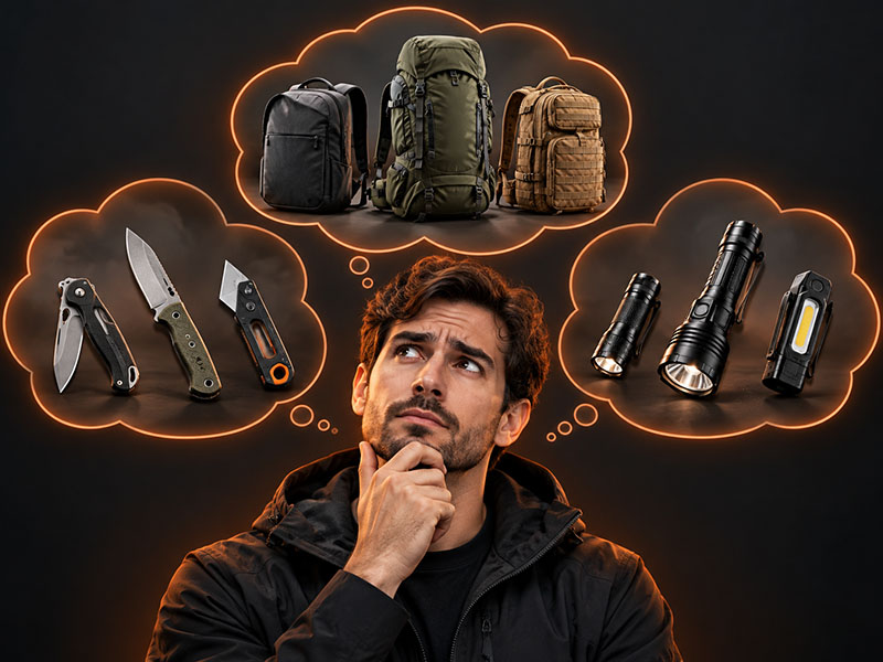 Persona dudando entre mochilas, cuchillos y linternas