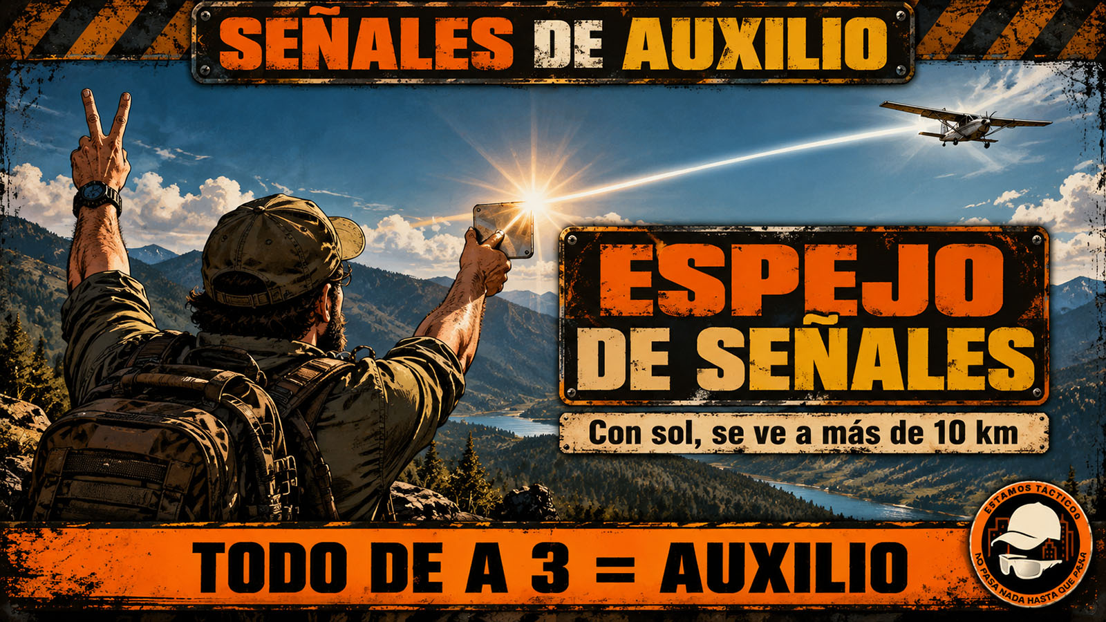Espejo de señales reflejando el sol hacia un avión