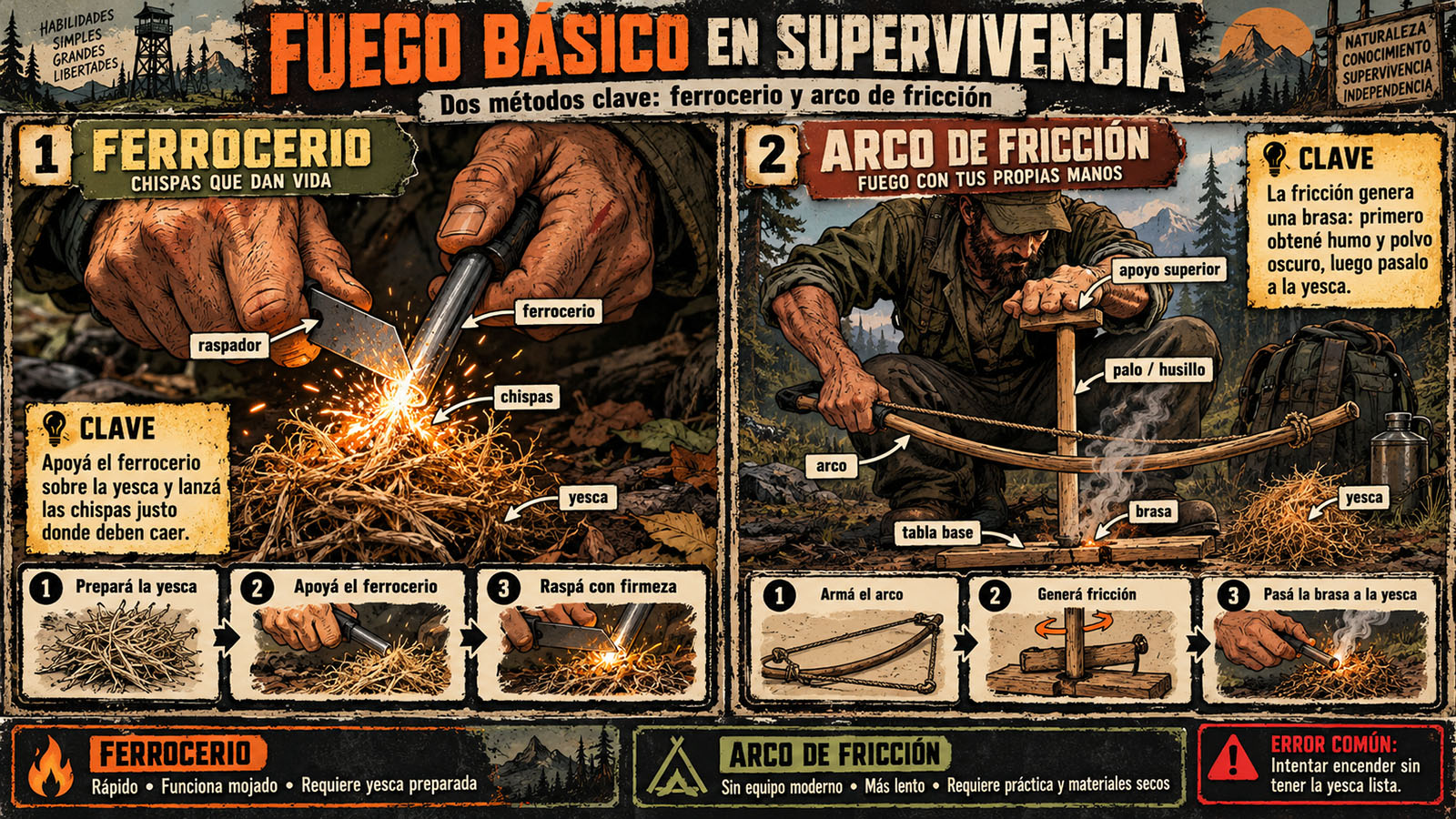 Cómo hacer fuego con lo básico: ferrocerio y arco de fricción