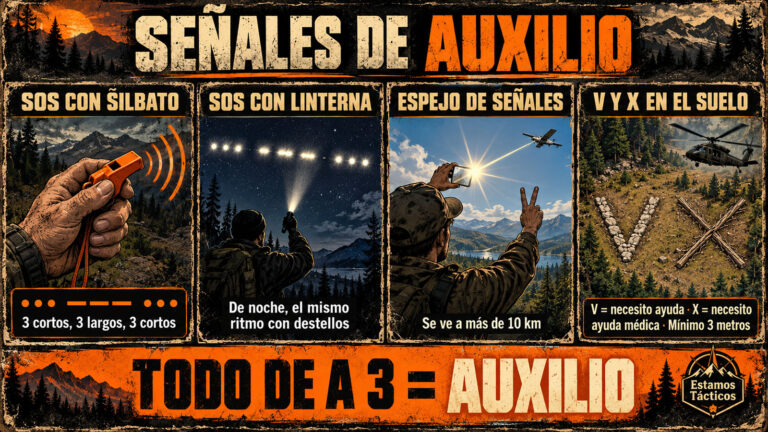 Señales de auxilio: SOS, espejo y V y X en el suelo