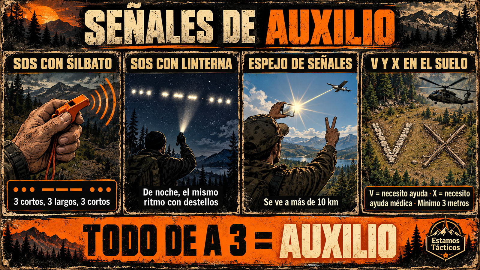 Señales de auxilio: SOS, espejo y V y X en el suelo