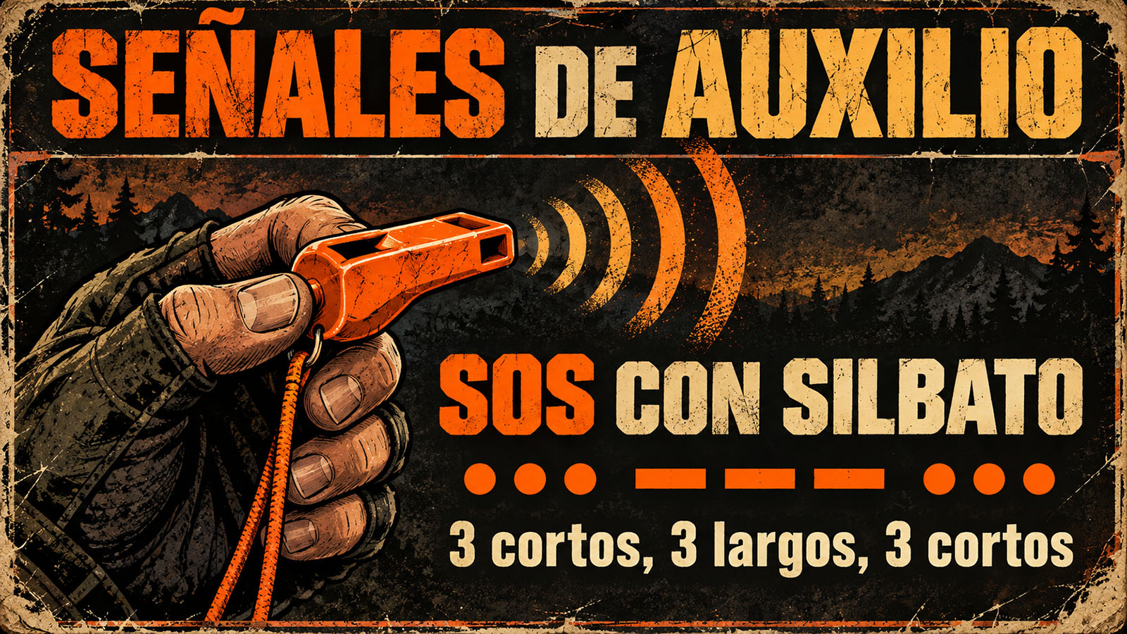 SOS con silbato: 3 cortos, 3 largos, 3 cortos